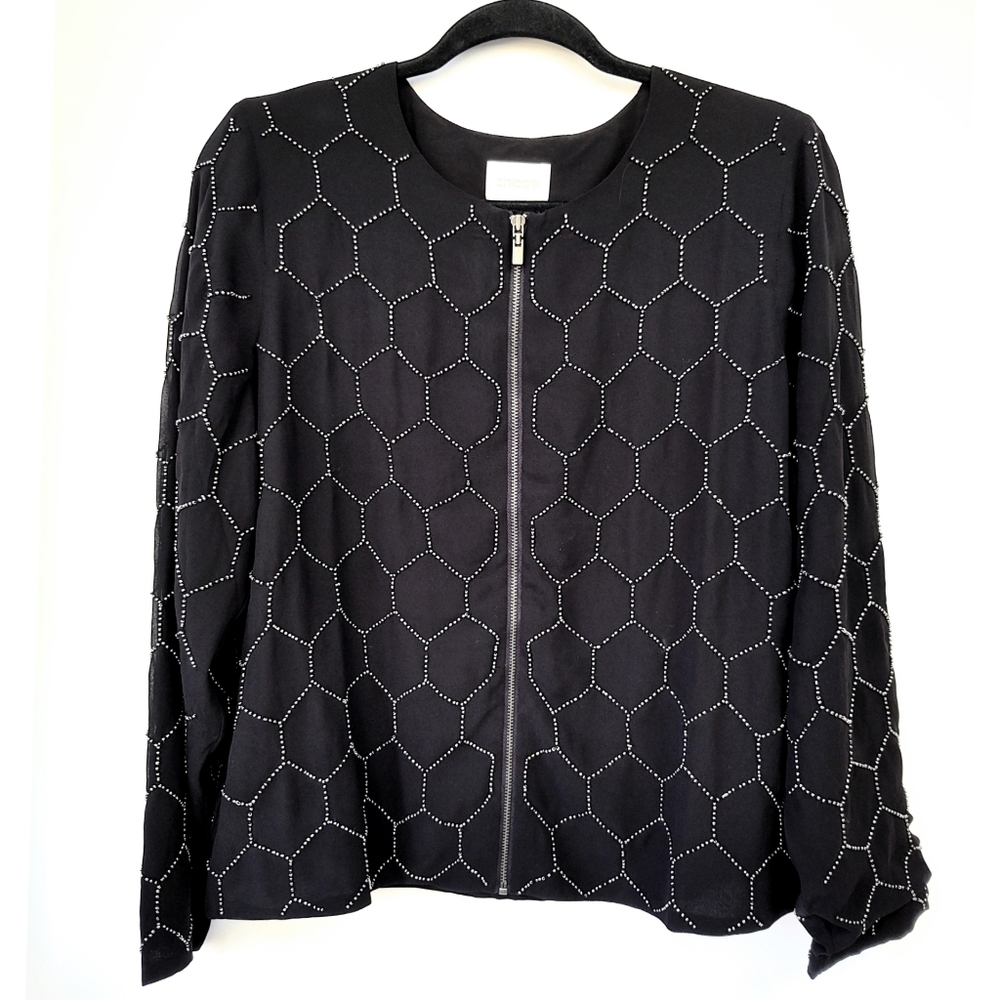 Chico's Honeycomb Beaded Jacket Chiffon Zip Front Size Medium - Picture 4 of 9